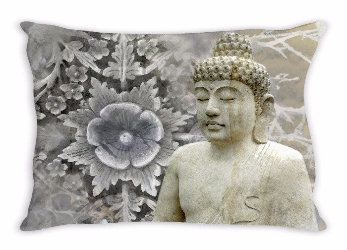 Gray and White Meditating Snow Buddha Throw Pillow - Winter Peace - Throw Pillow - Fusion Idol Arts - New Mexico Artist Christopher Beikmann