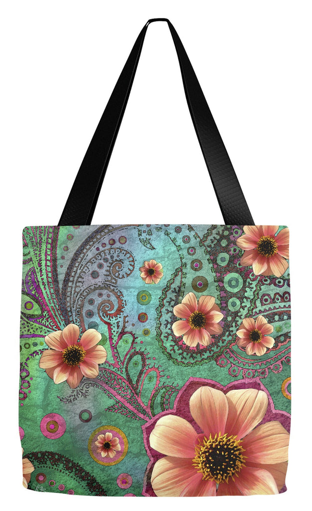 Teal Green and Orange Floral Tote Bag - Paisley Paradise - Tote Bag - Fusion Idol Arts - New Mexico Artist Christopher Beikmann