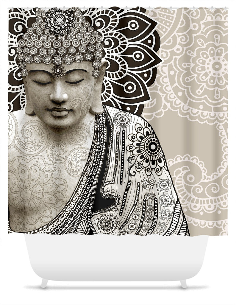 Tan Paisley Buddha Shower Curtain - Meditation Mehndi - Shower Curtain - Fusion Idol Arts - New Mexico Artist Christopher Beikmann