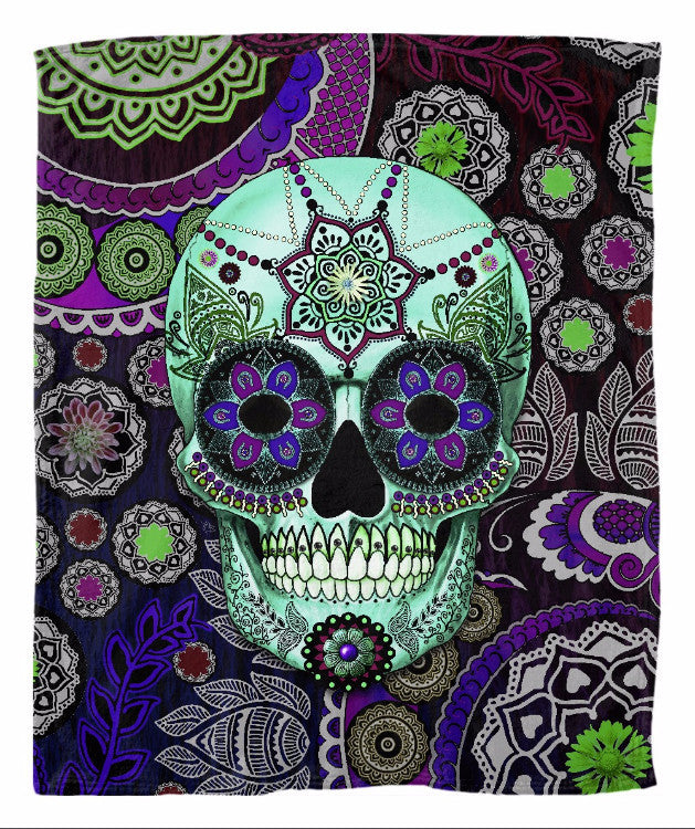 Purple Paisley Sugar Skull Fleece Blanket - Dia De Los Muertos - Sugar Skull Sombrero Night - Fleece Blanket - Fusion Idol Arts - New Mexico Artist Christopher Beikmann