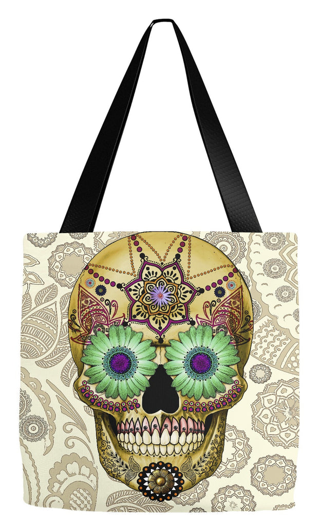 Tan Paisley Sugar Skull Day of the Dead Art Tote Bag - Sugar Skull Bone Paisley - Tote Bag - Fusion Idol Arts - New Mexico Artist Christopher Beikmann