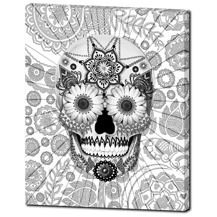 Black and White Paisley Day of the Dead Art Canvas - Sugar Skull Bleached Bones - Premium Canvas Gallery Wrap - Fusion Idol Arts - New Mexico Artist Christopher Beikmann