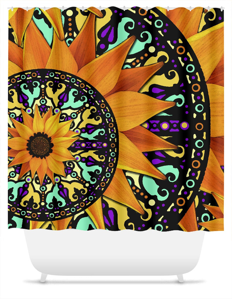 Sunflower Talavera - Orange Purple and Green Floral Artist Shower Curtain - Shower Curtain - Fusion Idol Arts - New Mexico Artist Christopher Beikmann