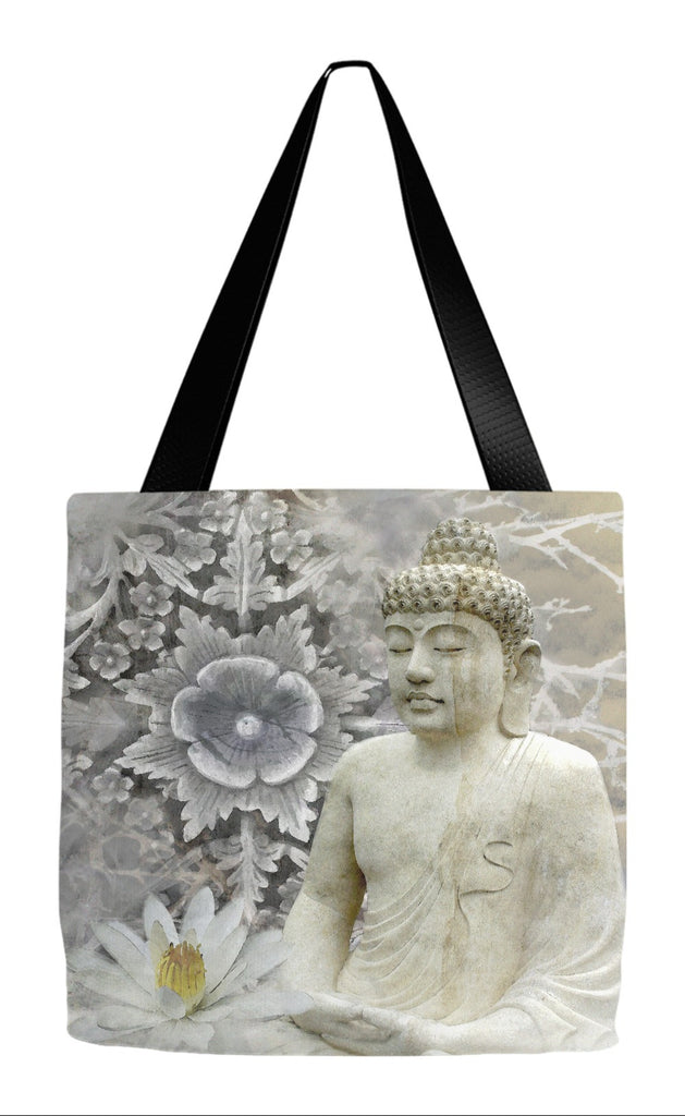 Snow Buddha and Lotus Flower Art Tote Bag - Winter Peace - Tote Bag - Fusion Idol Arts - New Mexico Artist Christopher Beikmann