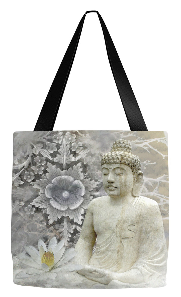 Snow Buddha and Lotus Flower Art Tote Bag - Winter Peace - Tote Bag - Fusion Idol Arts - New Mexico Artist Christopher Beikmann