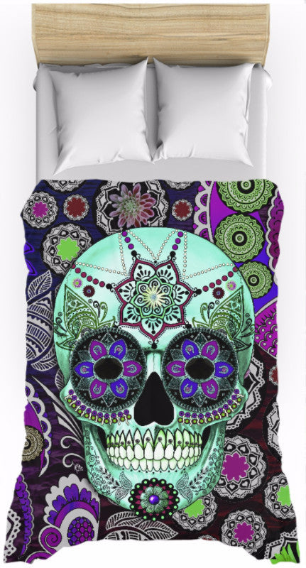 Purple Paisley Sugar Skull Duvet Cover - Sugar Skull Sombrero Night - Duvet Cover - Fusion Idol Arts - New Mexico Artist Christopher Beikmann