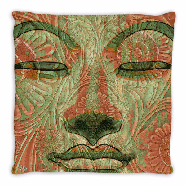 Green and Orange Buddha Face Throw Pillow - Manifestation of Mind - Throw Pillow - Fusion Idol Arts - New Mexico Artist Christopher Beikmann