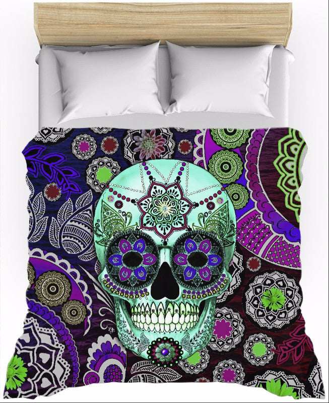 Purple Paisley Sugar Skull Duvet Cover - Sugar Skull Sombrero Night - Duvet Cover - Fusion Idol Arts - New Mexico Artist Christopher Beikmann