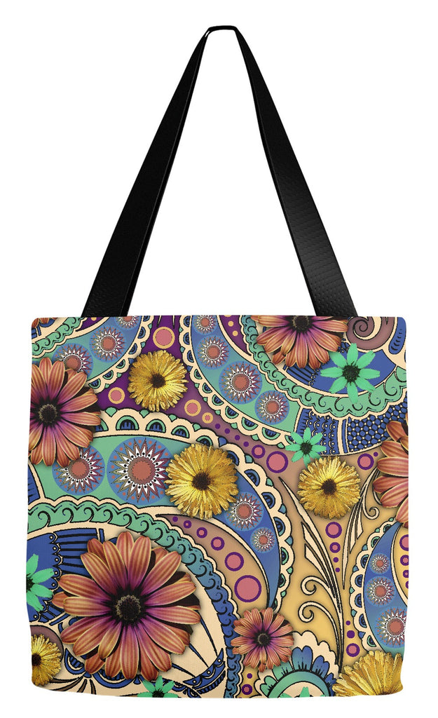 Colorful Daisy Paisley Art Tote Bag - Petals and Paisley - Tote Bag - Fusion Idol Arts - New Mexico Artist Christopher Beikmann