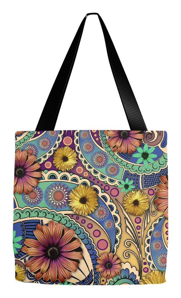 Colorful Daisy Paisley Art Tote Bag - Petals and Paisley - Tote Bag - Fusion Idol Arts - New Mexico Artist Christopher Beikmann