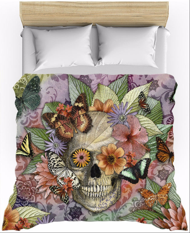 Butterfly Sugar Skull Floral Duvet Cover - Butterfly Botaniskull - Duvet Cover - Fusion Idol Arts - New Mexico Artist Christopher Beikmann