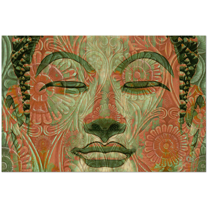 Green and Orange Buddha Face Art Canvas - Manifestation of Mind - Premium Canvas Gallery Wrap - Fusion Idol Arts - New Mexico Artist Christopher Beikmann