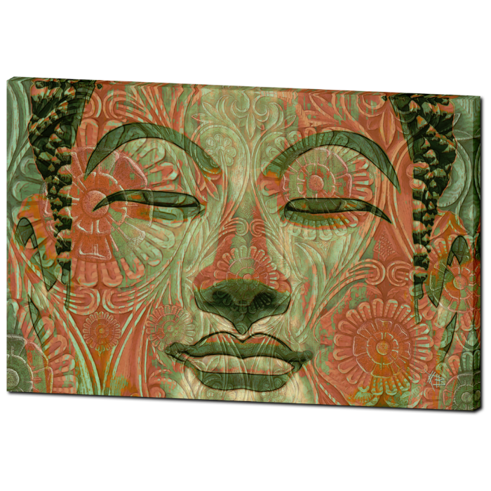 Green and Orange Buddha Face Art Canvas - Manifestation of Mind - Premium Canvas Gallery Wrap - Fusion Idol Arts - New Mexico Artist Christopher Beikmann