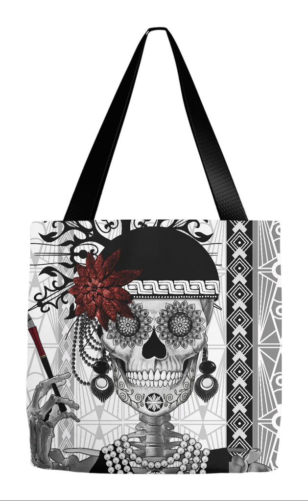 Flapper Girl Sugar Skull Tote Bag - Dia De Los Muertos Bag - Mrs Gloria Vanderbone - Tote Bag - Fusion Idol Arts - New Mexico Artist Christopher Beikmann