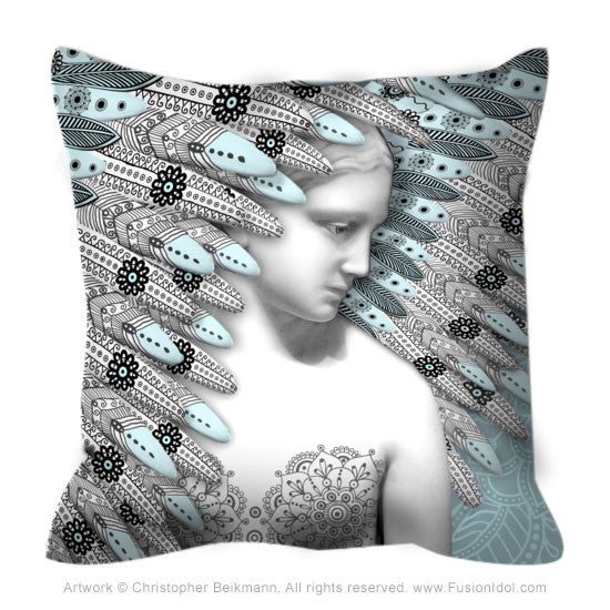 Blue Paisley Angel Throw Pillow - Angel of Winter - Throw Pillow - Fusion Idol Arts - New Mexico Artist Christopher Beikmann