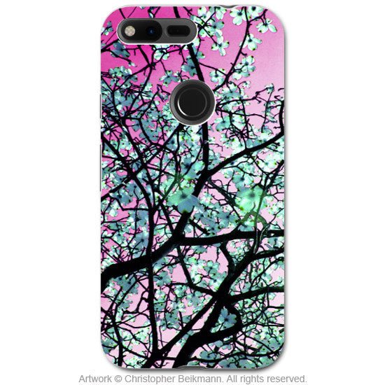 Pink and Green Tree Blossom - Artistic Google Pixel Tough Case - Dual Layer Protection - Aqua Blooms - Google Pixel Tough Case - Fusion Idol Arts - New Mexico Artist Christopher Beikmann