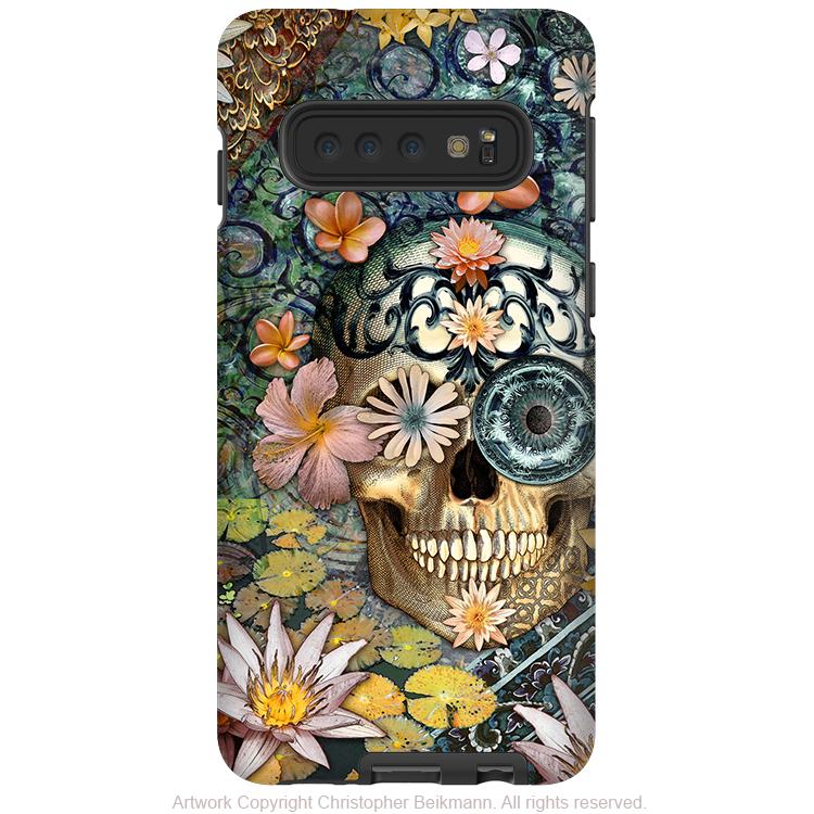 Bali Botaniskull - Galaxy S10 / S10 Plus / S10E Tough Case - Dual Layer Protection - Green Floral Sugar Skull Case - Galaxy S10 / S10+ / S10E - Fusion Idol Arts - New Mexico Artist Christopher Beikmann