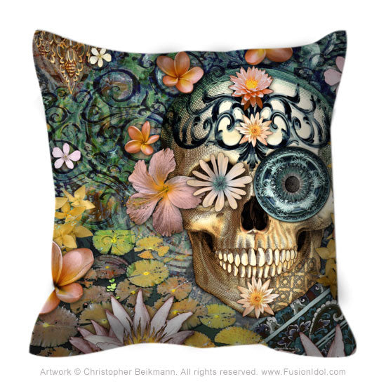 Floral Skull Throw Pillow - Bali Botaniskull - Throw Pillow - Fusion Idol Arts - New Mexico Artist Christopher Beikmann