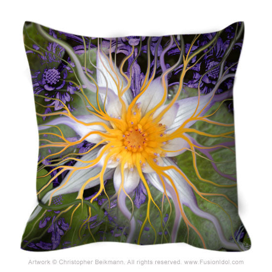 Purple and Green Lotus Flower Throw Pillow - Bali Dream Flower - Throw Pillow - Fusion Idol Arts - New Mexico Artist Christopher Beikmann