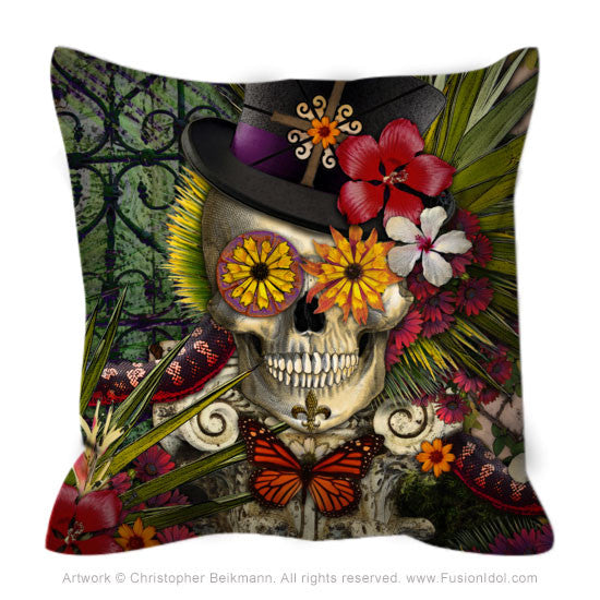 Baron In Bloom Throw Pillow - New Orleans Inspired Floral Skull Pillow - Throw Pillow - Fusion Idol Arts - New Mexico Artist Christopher Beikmann