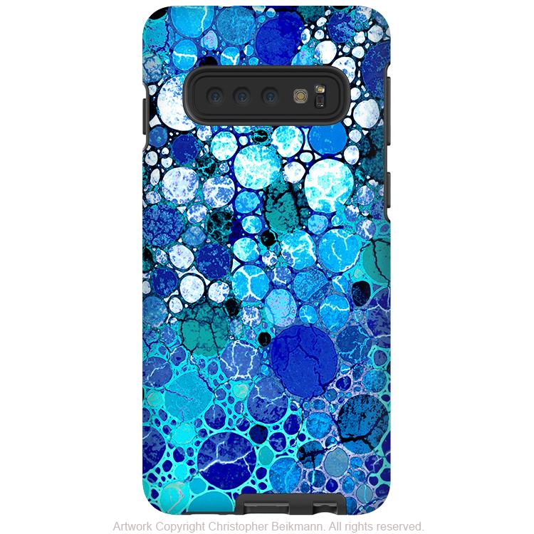 Blue Bubbles - Galaxy S10 / S10 Plus / S10E Tough Case - Dual Layer Protection - Blue and White Abstract - Galaxy S10 / S10+ / S10E - Fusion Idol Arts - New Mexico Artist Christopher Beikmann