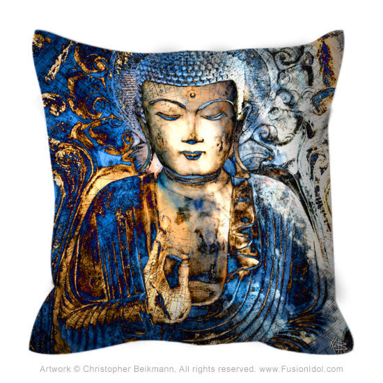 Blue Buddha Throw Pillow - Inner Guidance - Throw Pillow - Fusion Idol Arts - New Mexico Artist Christopher Beikmann