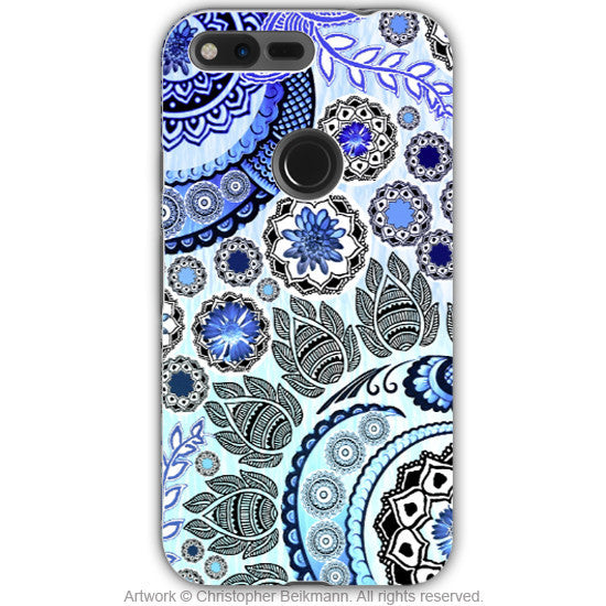 Blue Paisley Mehndi - Artistic Google Pixel Tough Case - Dual Layer Protection - blue mehndi - Google Pixel Tough Case - Fusion Idol Arts - New Mexico Artist Christopher Beikmann