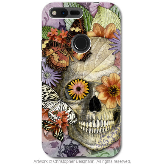 Butterfly Floral Skull - Day of the Dead Google Pixel Tough Case - Dual Layer Protection - butterfly botaniskull - Google Pixel Tough Case - Fusion Idol Arts - New Mexico Artist Christopher Beikmann
