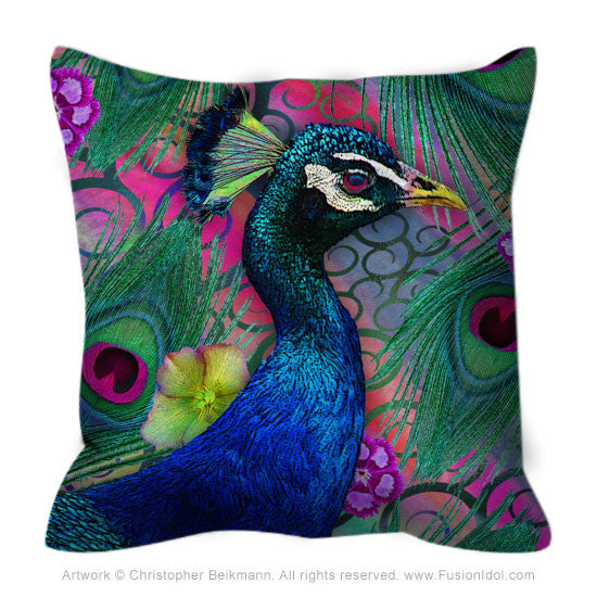 Floral Peacock Throw Pillow - Nemali Dreams - Throw Pillow - Fusion Idol Arts - New Mexico Artist Christopher Beikmann