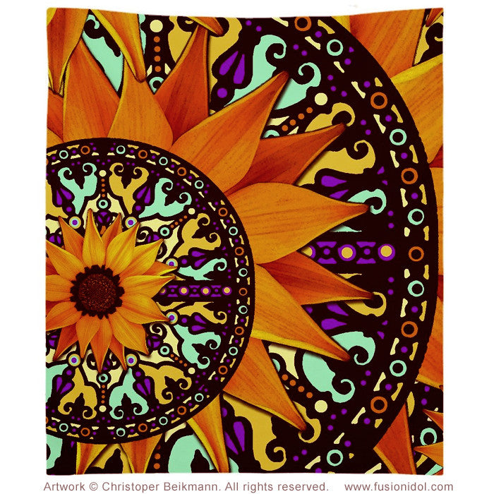 Colorful Sunflower Tapestry - Mexican Art Inspired Sunflower Talavera Wall Hanging - Tapestry - Fusion Idol Arts - New Mexico Artist Christopher Beikmann