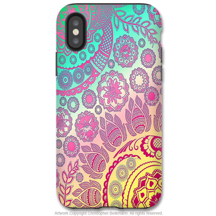 Cotton Candy Mehndi - Paisley iPhone X / XS / XS Max / XR Tough Case - Dual Layer Protection for Apple iPhone 10 - Pastel Paisley Floral Art Case - iPhone X Tough Case - Fusion Idol Arts - New Mexico Artist Christopher Beikmann
