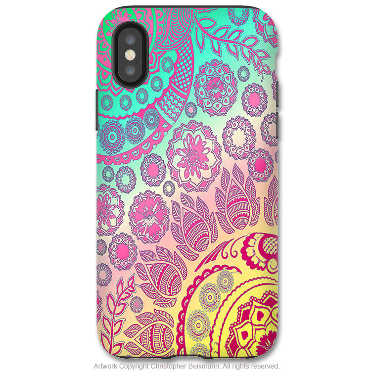 Cotton Candy Mehndi - Paisley iPhone X / XS / XS Max / XR Tough Case - Dual Layer Protection for Apple iPhone 10 - Pastel Paisley Floral Art Case - iPhone X Tough Case - Fusion Idol Arts - New Mexico Artist Christopher Beikmann