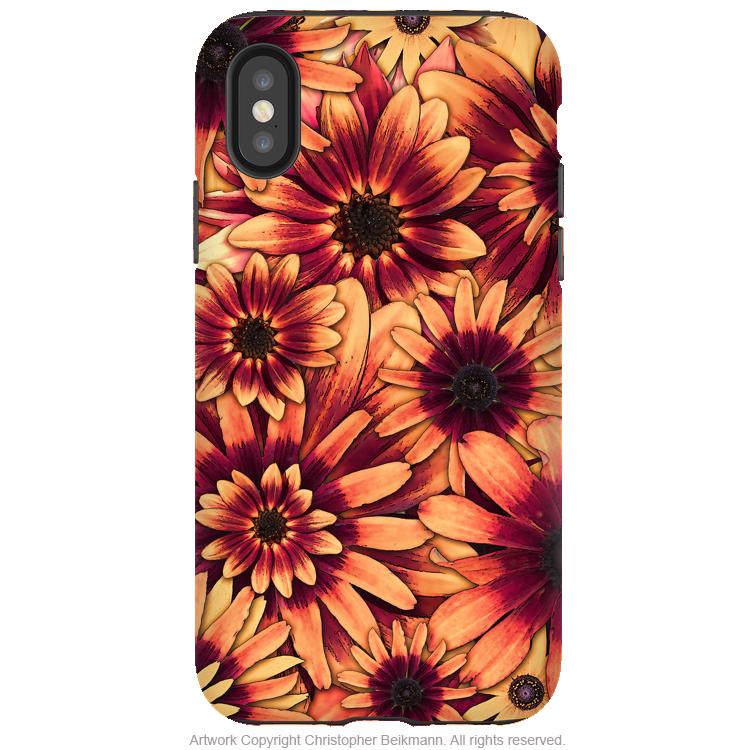 Fire Floret - Sunflower iPhone X / XS / XS Max / XR Tough Case - Dual Layer Protection for Apple iPhone 10 - Orange and Red Floral Art Case - iPhone X Tough Case - Fusion Idol Arts - New Mexico Artist Christopher Beikmann