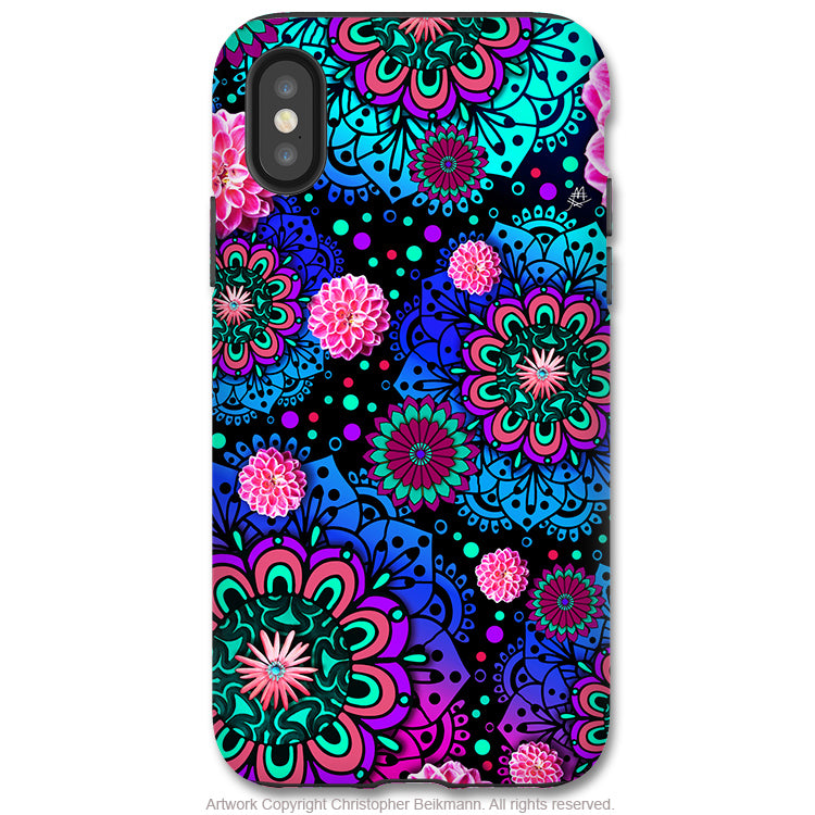 Frilly Floratopia - iPhone X / XS / XS Max / XR Tough Case - Dual Layer Protection for Apple iPhone 10 - Colorful Paisley Art Case - iPhone X Tough Case - Fusion Idol Arts - New Mexico Artist Christopher Beikmann
