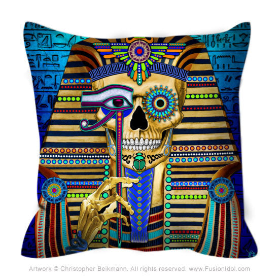 Funky Bone Pharaoh Throw Pillow - Egyptian Sugar Skull Pillow - Throw Pillow - Fusion Idol Arts - New Mexico Artist Christopher Beikmann
