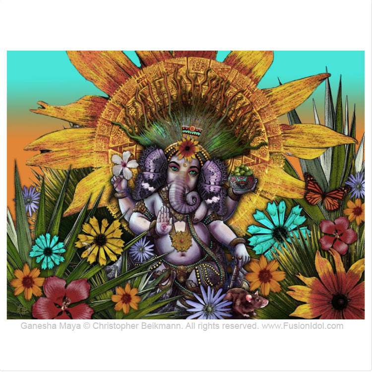 Colorful Floral Lord Ganesha Hindu Art Canvas - Ganesha Maya - Premium Canvas Gallery Wrap - Fusion Idol Arts - New Mexico Artist Christopher Beikmann