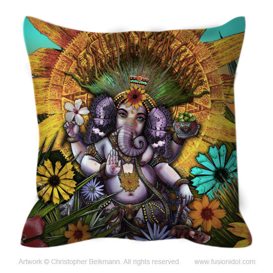 Colorful Floral Ganesha Throw Pillow - Ganesha Maya - Throw Pillow - Fusion Idol Arts - New Mexico Artist Christopher Beikmann