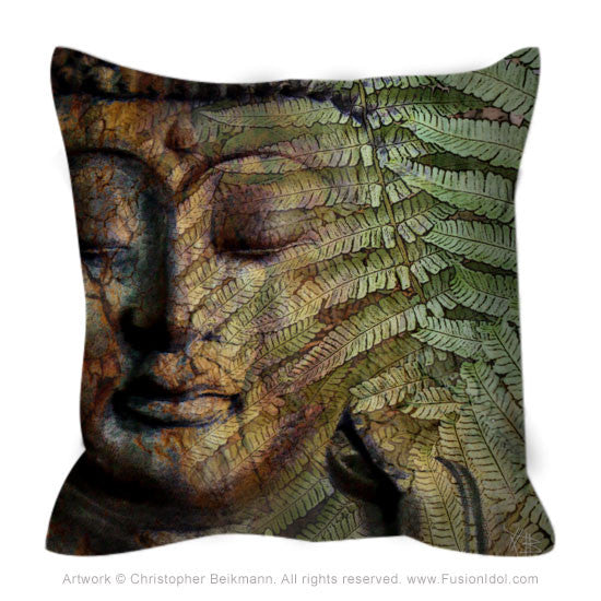 Green and Brown Fern Buddha Throw Pillow - Convergence of Thought - Throw Pillow - Fusion Idol Arts - New Mexico Artist Christopher Beikmann