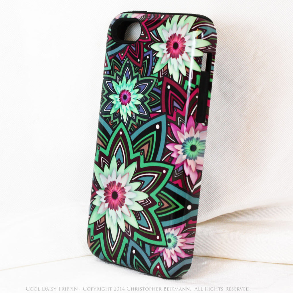 Purple and Green Floral iPhone 5c TOUGH Case - Cool Daisy Trippin - Geometric Daisy Flower Dual Layer iPhone Case - iPhone 5c TOUGH Case - Fusion Idol Arts - New Mexico Artist Christopher Beikmann