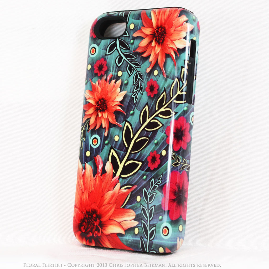 Paisley iPhone 5c TOUGH Case - Floral Flirtini - Teal Green and Orange Paisley Floral Art - Unique Case For iPhone 5c - iPhone 5c TOUGH Case - Fusion Idol Arts - New Mexico Artist Christopher Beikmann