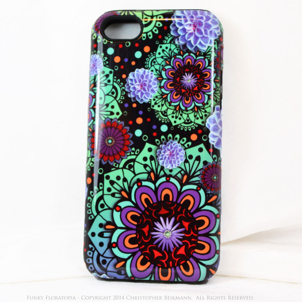 Green & Purple Floral iPhone 5c TOUGH Case - Funky Floratopia - Dual Layer Paisley iPhone 5c Case - iPhone 5c TOUGH Case - Fusion Idol Arts - New Mexico Artist Christopher Beikmann