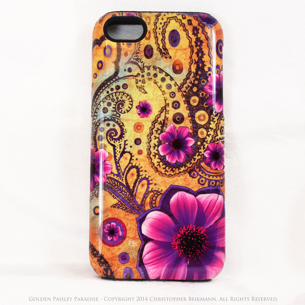 Yellow Paisley iPhone 5c TOUGH Case - Golden Paisley Paradise - Floral Dual Layer iPhone Case - iPhone 5c TOUGH Case - Fusion Idol Arts - New Mexico Artist Christopher Beikmann