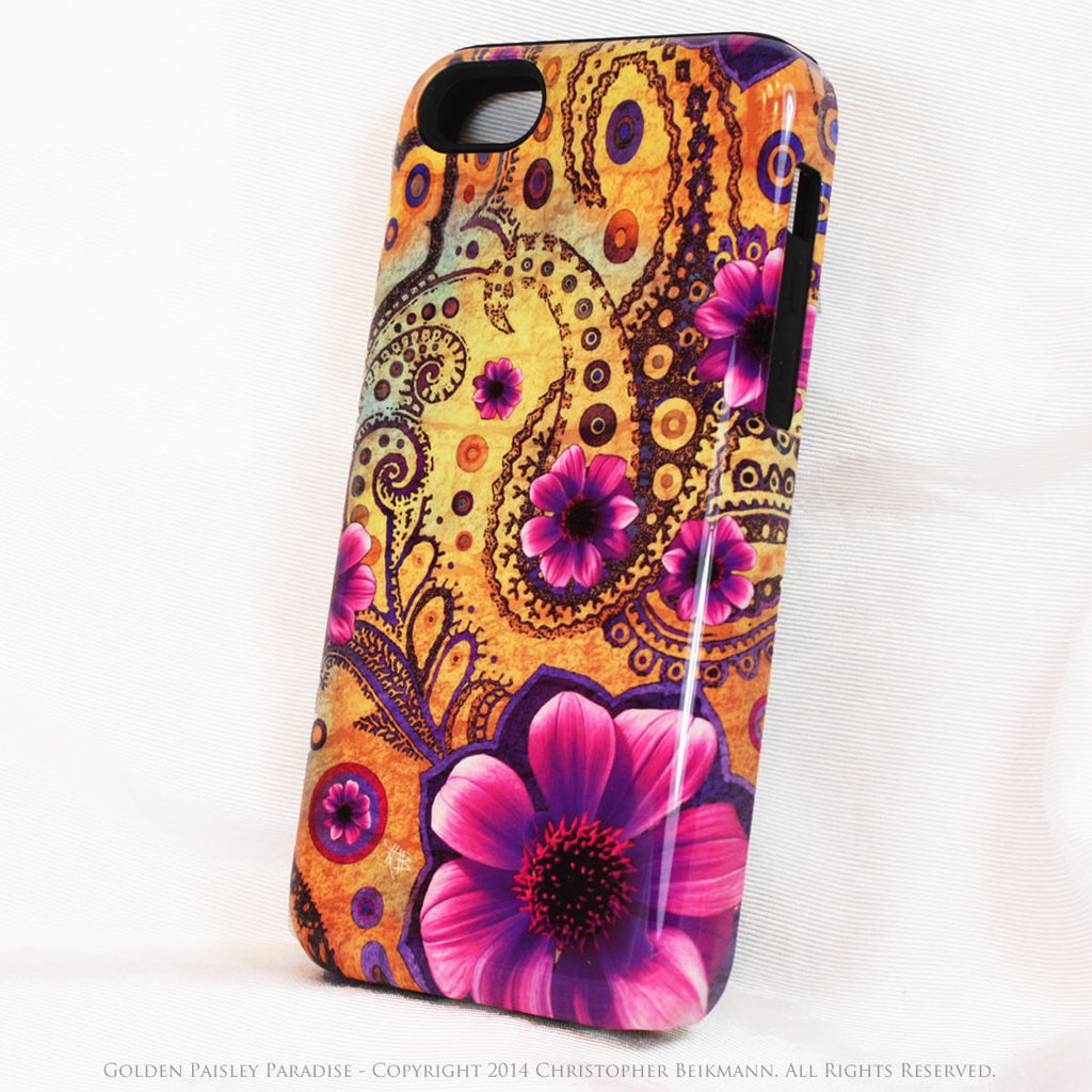 Yellow Paisley iPhone 5c TOUGH Case - Golden Paisley Paradise - Floral Dual Layer iPhone Case - iPhone 5c TOUGH Case - Fusion Idol Arts - New Mexico Artist Christopher Beikmann