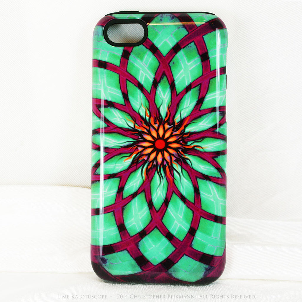 Lime Green and Purple Geometric iPhone 5c TOUGH Case - Lime Kalotuscope - Abstract Lotus Flower Dual Layer iPhone Case - iPhone 5c TOUGH Case - Fusion Idol Arts - New Mexico Artist Christopher Beikmann