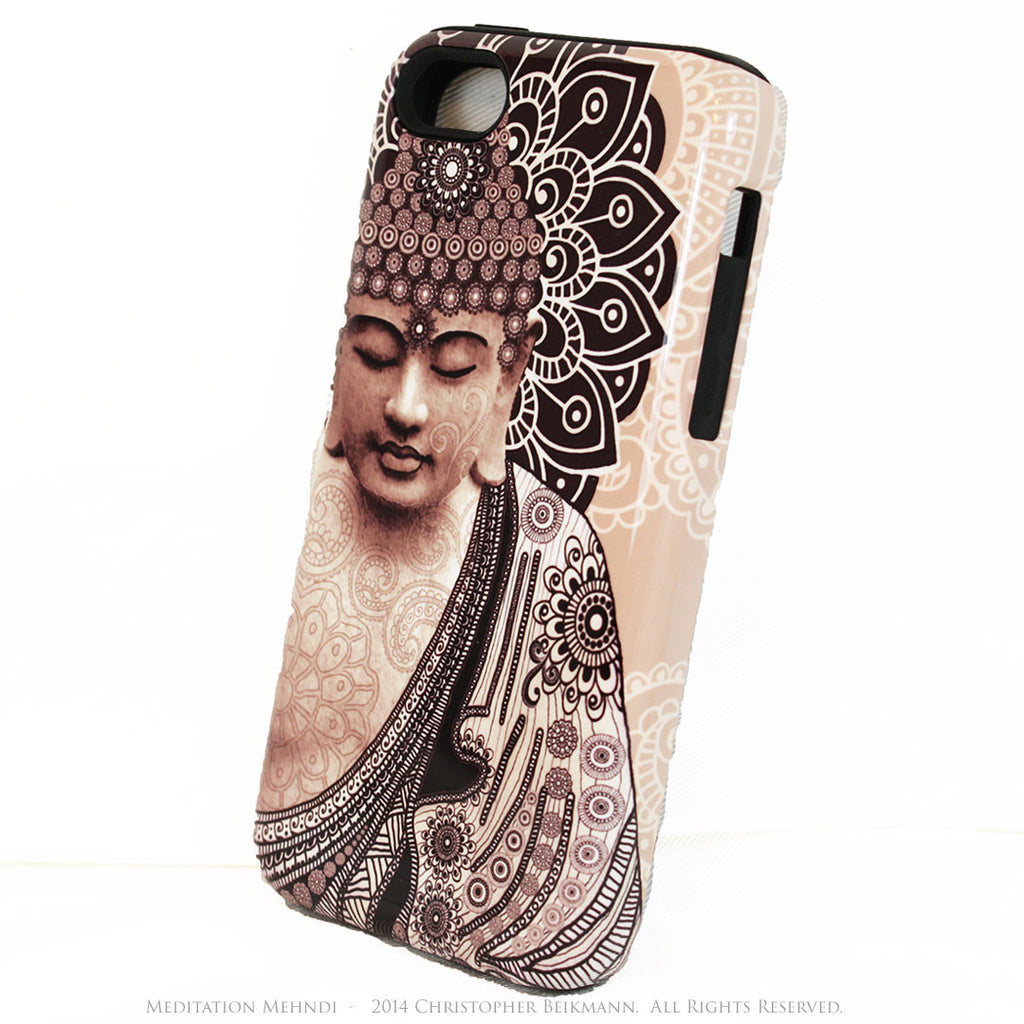 Tan Paisley Buddha iPhone 5s SE TOUGH Case - Unique Buddhist Art "Meditation Mehndi" Zen Yoga iPhone 5s SE Case - iPhone 5 5s TOUGH Case - Fusion Idol Arts - New Mexico Artist Christopher Beikmann