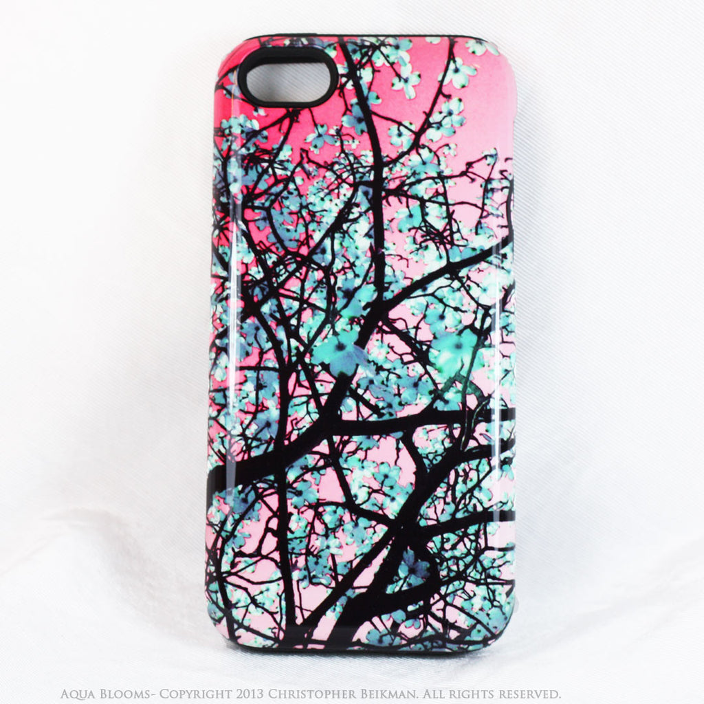 Tree Blossom iPhone 5c TOUGH Case - Aqua Blooms - Pink Floral Dual Layer iPhone Case - iPhone 5c TOUGH Case - Fusion Idol Arts - New Mexico Artist Christopher Beikmann