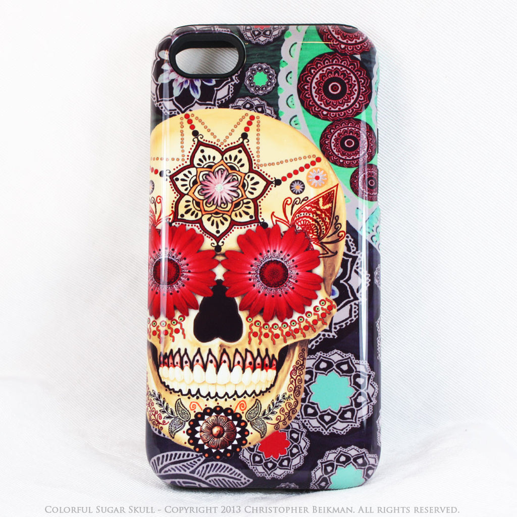 Colorful Skull iPhone 5c TOUGH Case - Sugar Skull Paisley Garden - Day of the Dead dual layer iPhone case - iPhone 5c TOUGH Case - Fusion Idol Arts - New Mexico Artist Christopher Beikmann