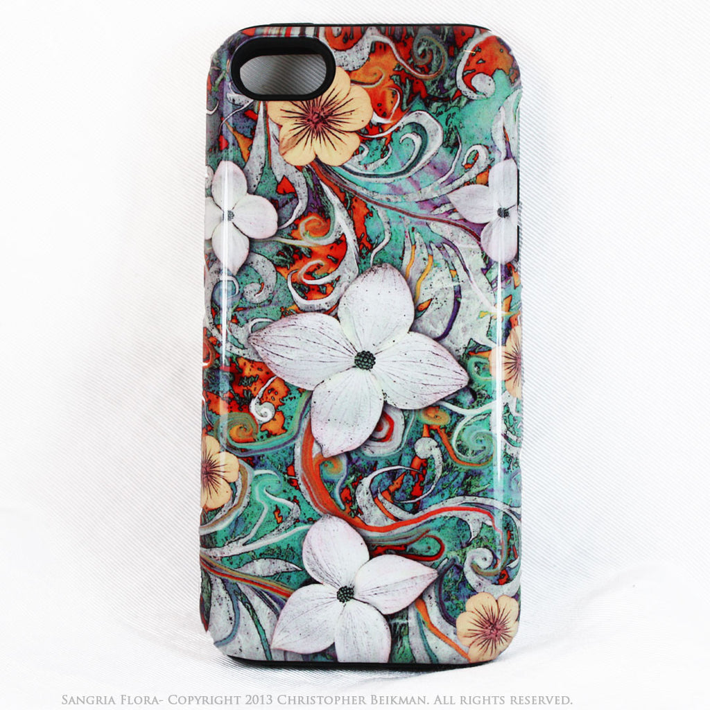 Dogwood Floral iPhone 5c TOUGH Case - Sangria Flora - Turquoise and Orange Floral Dual Layer iPhone Case - iPhone 5c TOUGH Case - Fusion Idol Arts - New Mexico Artist Christopher Beikmann