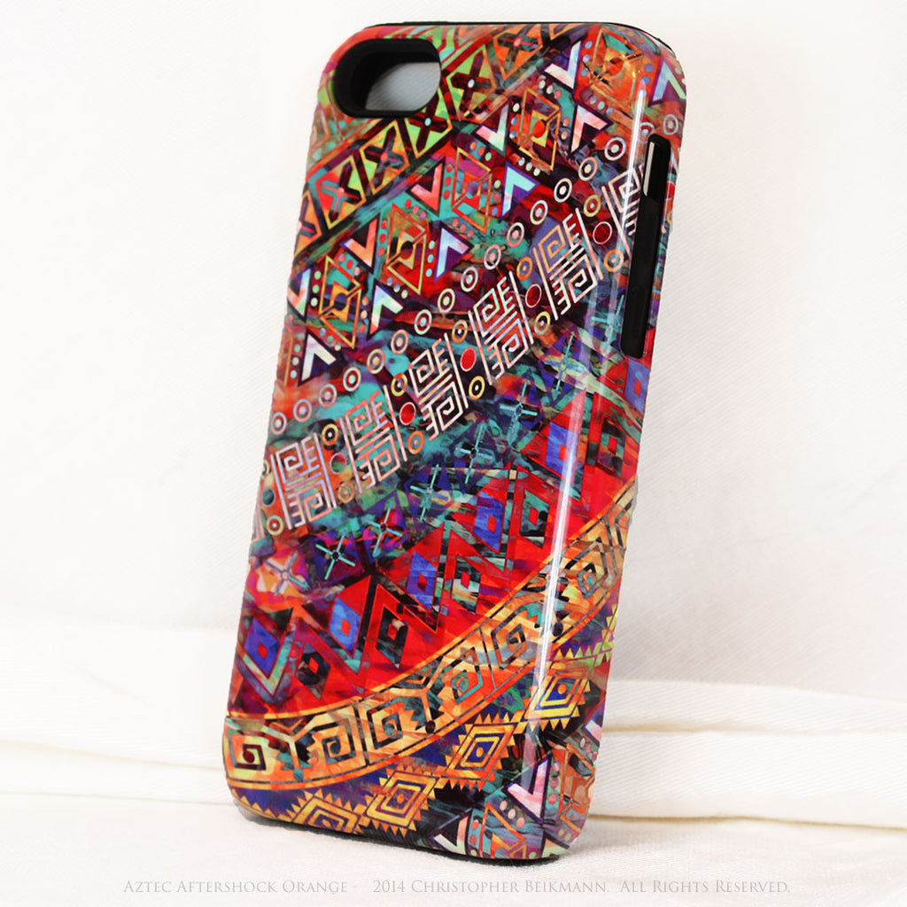 Orange Tribal iPhone 5c TOUGH Case - Tribal Abstract Art - "Aztec Aftershock Orange" - Dual Layer Case by Da Vinci Case - iPhone 5c TOUGH Case - Fusion Idol Arts - New Mexico Artist Christopher Beikmann