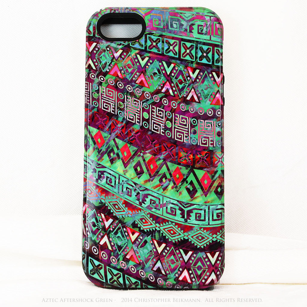 Green Tribal iPhone 5s SE TOUGH Case - Tribal Abstract Art - "Aztec Aftershock Green" - Dual Layer Case by Da Vinci Case - iPhone 5 5s TOUGH Case - Fusion Idol Arts - New Mexico Artist Christopher Beikmann